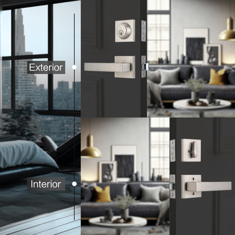 NCSEN 2 Pack Heavy Duty Square Exterior Door Lock Set with Deadbolt  Satin Nickel Door Locks for Front Door and Bedroom  Front Door Handle and Deadbolt Set - Image 3